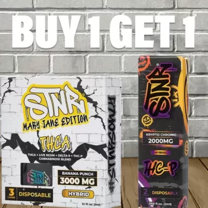B1G1 STNR THCa + THCP + D8 Bundle - strain#Banana Punch (Hybrid) DISPOSABLE>Green Goblin (Sativa) DISPOSABLE>Hawaiian Haze (Sativa) DISPOSABLE>Kryptonite (Indica) DISPOSABLE>Raspberry Kush ( (97A505)