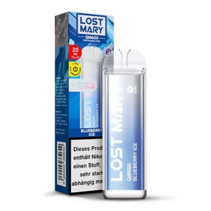 Elfbar Lost Mary QM600 – Blueberry Ice - pflanzliches Glycerin / Nikotin-Benzoat / Aromen / Propylenglykol / 20mg/ml / ca. 600 / 360 mAh