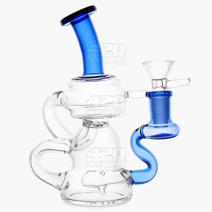 USA Glass | Bent Neck Mini Recycler Water Pipe w/ Inline Perc | 6.5in Tall – 14mm Bowl – Blue