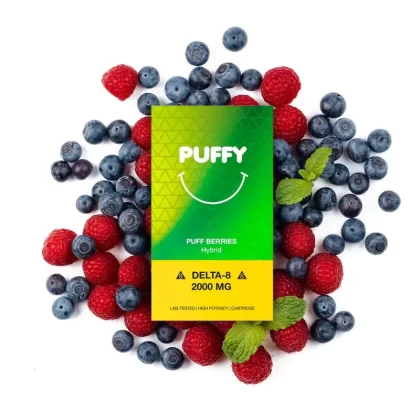 Puffy Delta 8 THC Cartridge – 2g - Strain#Pink Cookies - Indica>Rainbow Kush - Indica>Sub-lime - Hybrid>Fruity Gangster - Sativa>Brotha Louie - indica>Orange Squeeze - Sativa>Puff Berries - (90D18F)