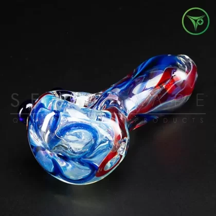 TAG 3.00″ Spoon Pipe w/ Marbles & Multi-Color Ribbon (50g) Carb Hole: Left Side – Red/Blue