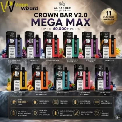 Al Fakher Crown Bar v2.0 Mega Max 40000 Puffs Disposable Vape - Berry Ice, Blackcurrant Ice; Vape Product, Box of 10 Pcs
