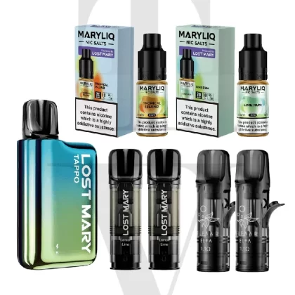 LOST MARY TAPPO REFILLABLE POD VAPE KIT, 2 X REFILLABLE PODS, 1 X PREFILLED POD, 2 X MARYLIQ SALTS BUNDLE