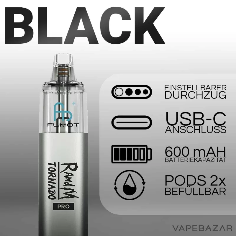 Fumot RandM Tornado Pro – Black - Pod Kit / Fumot / 600 mAh / 8ml / USB-C - Image 2