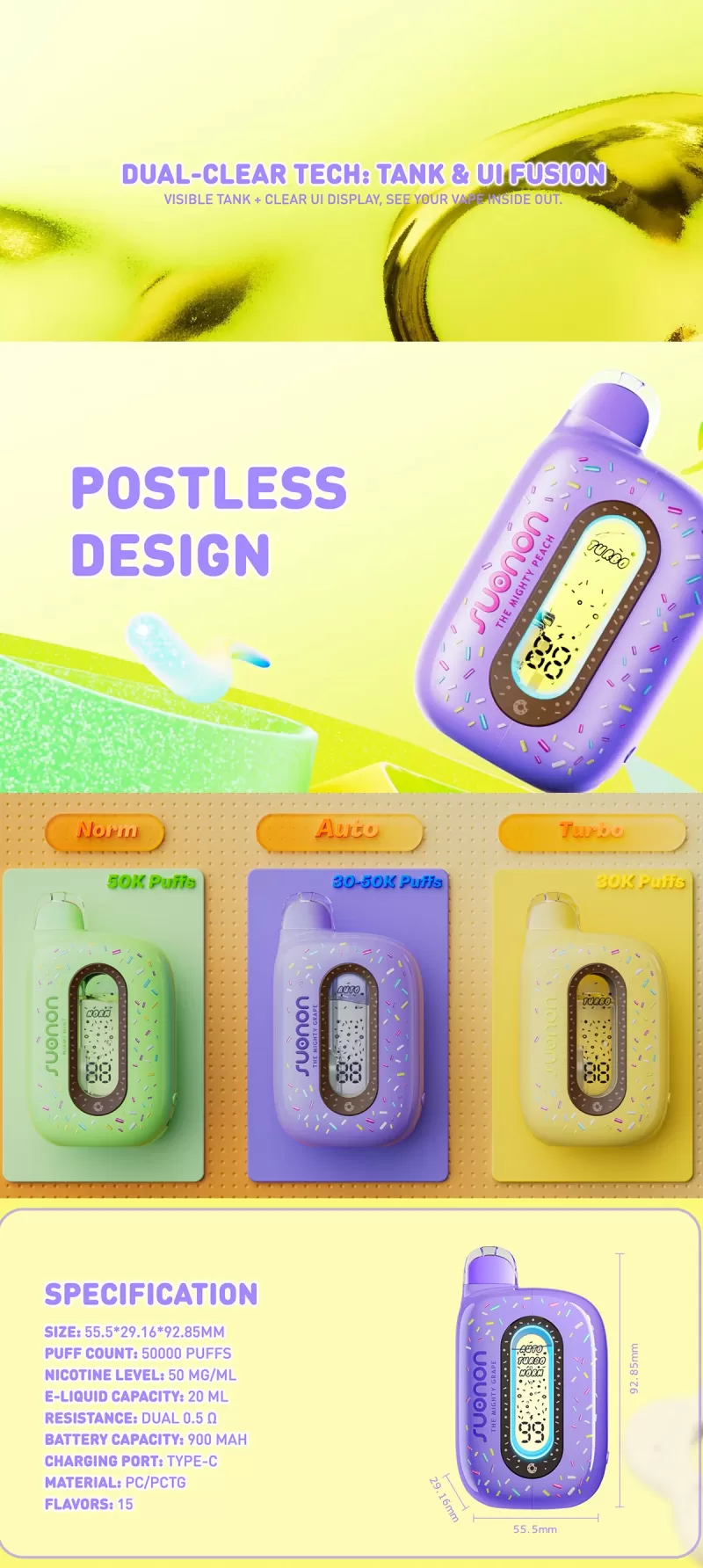 SUONON Donete 50K Puffs Disposable Kit 900mAh - The Mighty Grape / 50mg / 1pc / CN -SZ Bonded Warehouse - Image 3