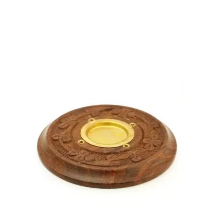 Prabhuji Incense Burner – Wooden Round Plate Flowers – 4 inches