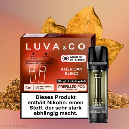 Luva & Co Pods – American Blend (2er Pack) - LUVA & CO / Propylenglykol / Aromastoffe / Nikotin / Glycerin / 2-isopropyl-N,2,3 -trimethylbutyramide / ca. 1200 insgesamt