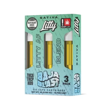 Litty AF Blend THCa Vape Cartridge 3g - strain#Baja Blast>Passion Fruit Pop>Pineapple Paradise>Rainbow Cotton Candy>Raspberry Lime>Strawberry Lemonade>Tropical Punch>Watermelon Pop>White Gum (CD1E94)