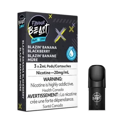 Flavour Beast Pod Pack - Flavour#Blazin’ Banana Blackberry Iced>Blessed Blueberry Mint Iced>Bomb Blue Razz>Boss Blueberry Iced>Bumpin’ Blackcurrant Iced>Bussin Banana Iced>Chillin’ Coffee Ic