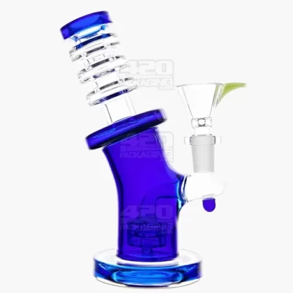 Bent Neck Ringed Triple Glass Water Pipe w/ Thick Base | 6.5in Tall – 14mm Bowl – Blue