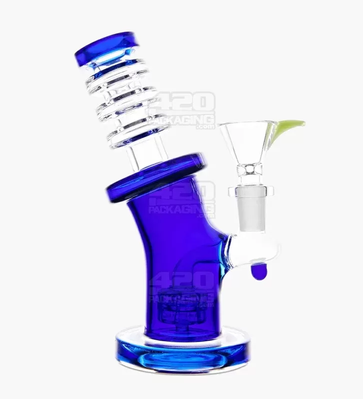 Bent Neck Ringed Triple Glass Water Pipe w/ Thick Base | 6.5in Tall – 14mm Bowl – Blue