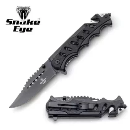 Snake Eye Tactical Rescue Style Spring Assisted Knife 5″ Closed – Black Carbon