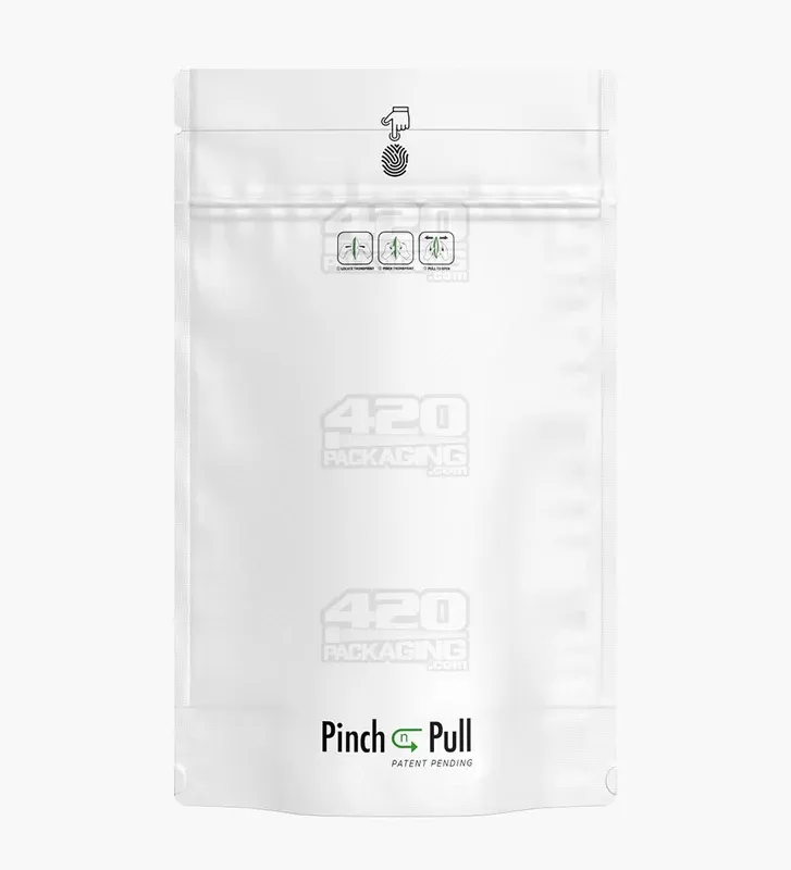 Child Resistant & Tamper Evident | Pinch N Pull Matte White Mylar Bags | 6in x 9.8in – 28g – 250 Count