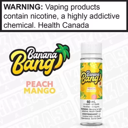 Peach Mango by Banana Bang - Strength#3 mg/mL 60mL ONTARIO EXCISE STAMP>6 mg/mL 60mL ONTARIO EXCISE STAMP>12 mg/mL 60mL ONTARIO EXCISE STAMP