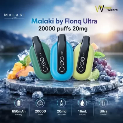 Malaki FLONQ Ultra 20000 puffs 20MG - Vape Product, Box of 10 Pcs; Blueberry, Grape Ice