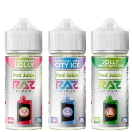 Pod Juice RAZ Disposable Collab E-juice 100ml (Freebase) - Flavor#Jolly Blue Razz Ice>Watermelon Skittz>Tropical Vice City Ice>Pink Burst Chew>Jolly Watermelon>Blue Razz Cotton Clouds>Strawb