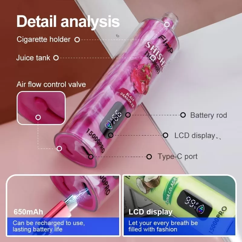 FIHP Shisha Hookah Pro 15000 Puffs | 0.6% strength, 22mL, LED display, bulk disposable vape - Aiviouvapes - Image 2