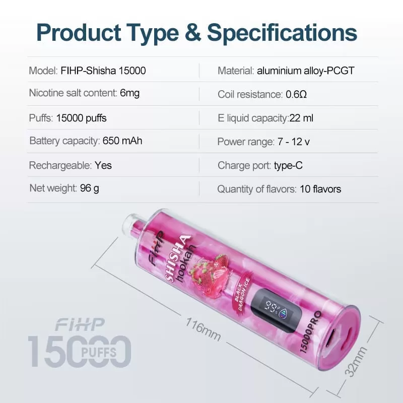 FIHP Shisha Hookah Pro 15000 Puffs | 0.6% strength, 22mL, LED display, bulk disposable vape - Aiviouvapes - Image 3