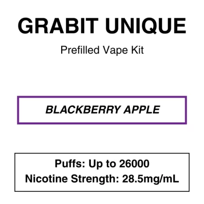 Grabit – Unique 26K – Prefilled Vape Kit – Blackberry Apple – 26000 Puffs – 28.5mg/mL Nicotine