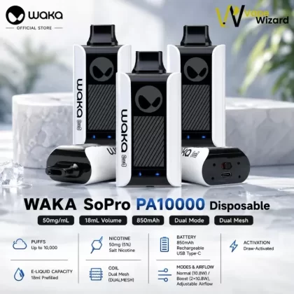 WAKA Sopro 10000 Puffs Disposable Vape - Banana Ice, Blueberry Raspberry; Vape Product, Box of 10 Pcs (B7DE0A)