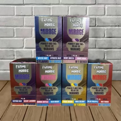 Flying Horse Mirage 3-in-1 THC Vape 9g - strain#Mystic Mist -- Sativa + Hypnotic Haze -- Indica -- DISPOSABLE>Berry Drizzle -- Sativa + Grape Rush -- Indica -- DISPOSABLE>Saffron Dust -- Sat (271316)