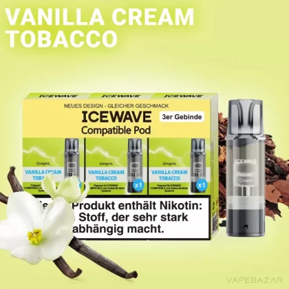 ICEWAVE Pod – Creamy Tobacco – 3er Pack - Tabak / Vanille / Glycerin / Propylenglykol / Aromastoffe / 20mg/ml / ICEWAVE