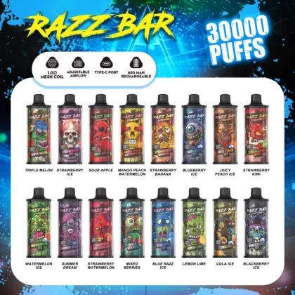 Razz Bar 30000 30K Puffs Disposable Vape | Long Lasting Rechargeable Vape with Adjustable Airflow - Vapeq10
