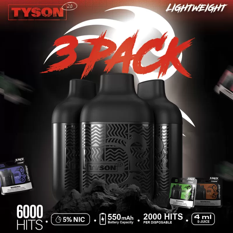 Tyson 2.0 Lightweight 6K Puff Disposable Device - 6,000 Puffs - VIP Mix (Cool Mint/Frozen Banana/Green Apple)