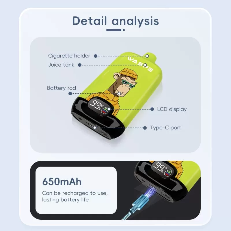 WASPE 12000 Puffs | 0%-5% strength, 20mL, 650mAh, LCD display, bulk disposable vape - Aiviouvapes - Image 2