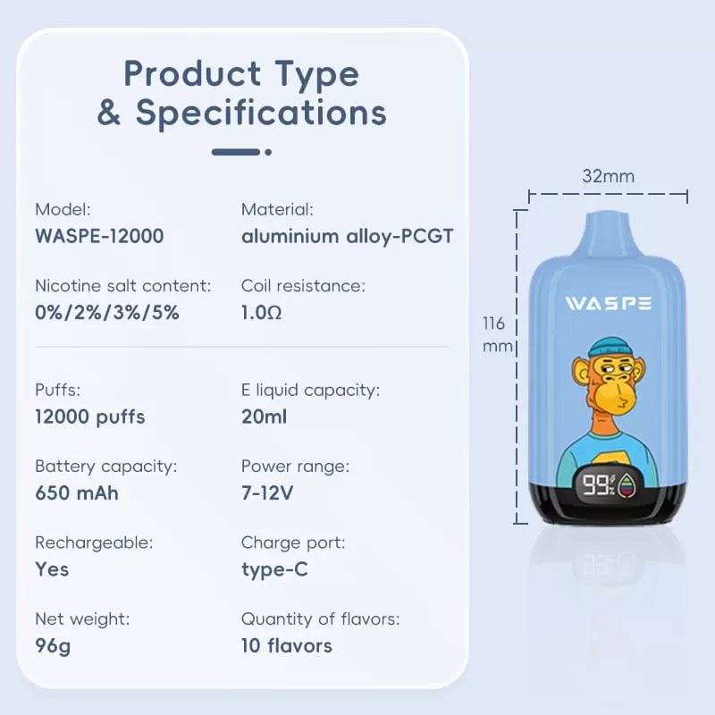 WASPE 12000 Puffs | 0%-5% strength, 20mL, 650mAh, LCD display, bulk disposable vape - Aiviouvapes - Image 3
