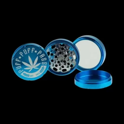 Famous Brandz Puff Puff Pass 4-Part Herb Grinder - choose color#Aqua>Black>Green>Purple>Red>Silver