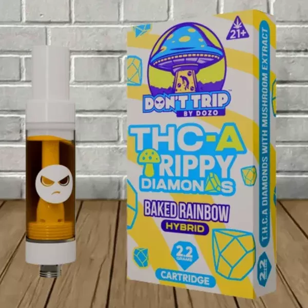 Dozo Don’t Trip Trippy Diamonds Cartridge 2.2g - strain#Baked Rainbow (Hybrid) CARTRIDGE>Faded Purple (Hybrid) CARTRIDGE>Fryd OG (Indica) CARTRIDGE>Looped Rings (Sativa) CARTRIDGE>Wrecked Ku (CC33AF)