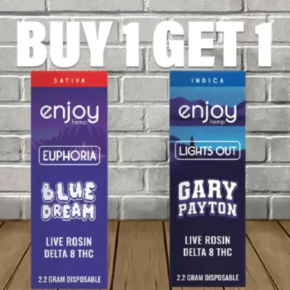 B1G1 Enjoy Hemp Live Rosin Delta 8 Disposable Bundle - strain#Garlic Cookies (Indica) DISPOSABLE>Blue Dream (Sativa) DISPOSABLE>Gary Payton (Indica) DISPOSABLE