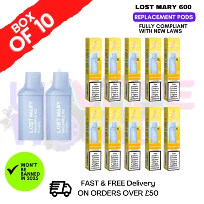 Pineapple ICE Lost Mary 600 Puff Replacement Pods Box Of 10