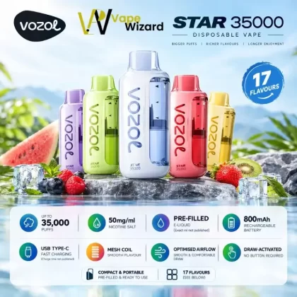 Vozol Star 35000 Puffs 50mg Nicotine Disposable Vape - Apricot Watermelon Ice, Blue Razz Ice; 10PCS-1BOX, 1PCS-1PACK