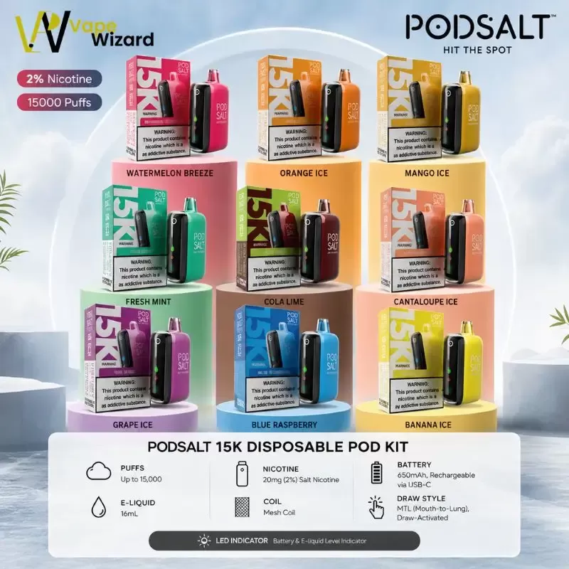 Pod Salt 15000 Puffs Disposable Vape 20mg in the UAE - Banana Ice, Blue Raspberry; Vape Product, Box of 10 Pcs (873EAC)